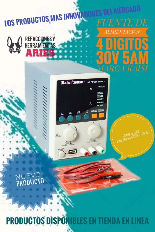 Fuente de Alimentación 4 digitos 30V 5A con 4 Memorias Marca Kaisi Modelo 3005D+