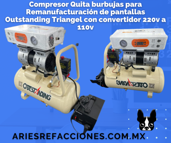 Compresor Quita burbujas para Remanufacturación de pantallas Outstanding Triangel con convertidor 220v a 110v